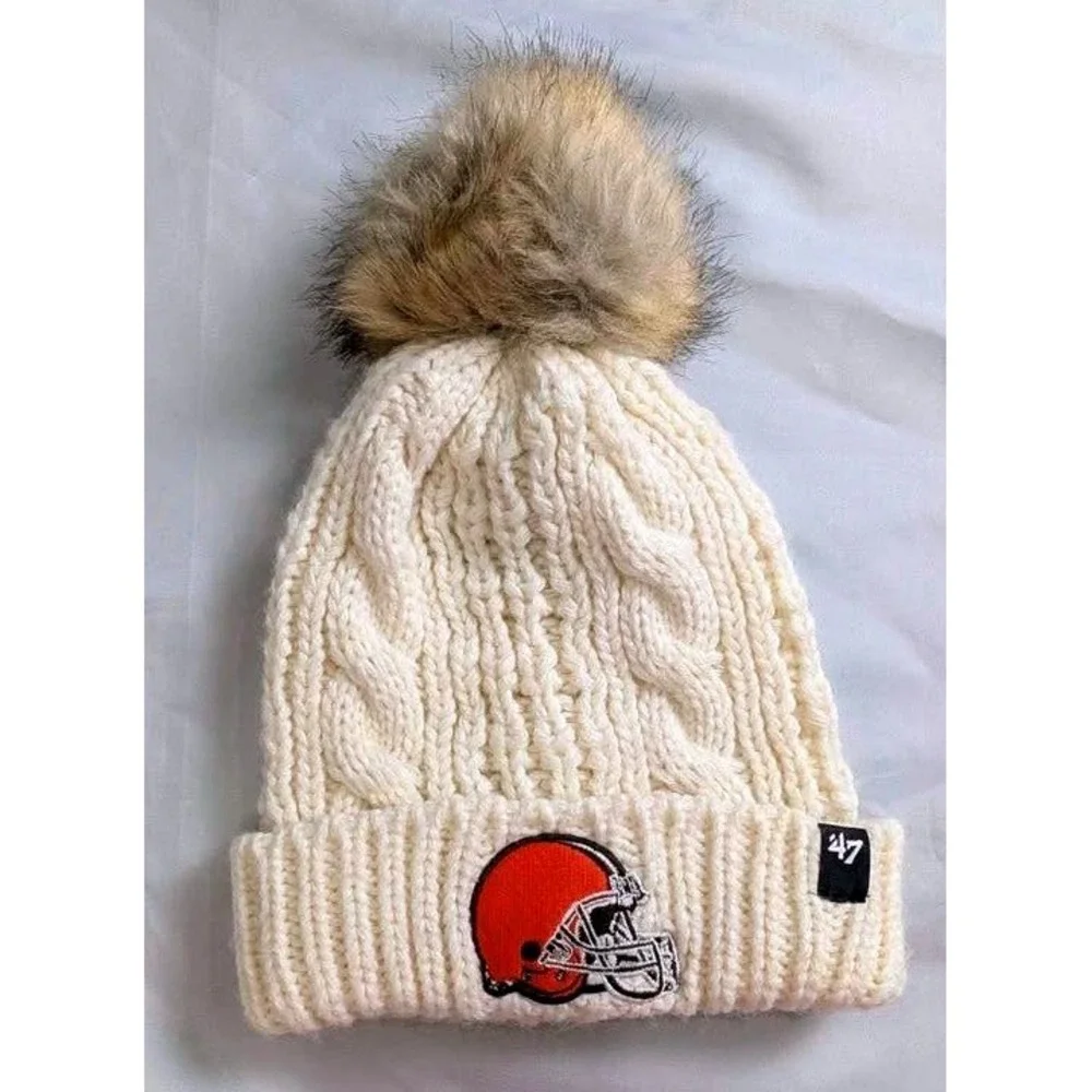 '47 Cleveland Browns Meeko Knit Hat Women OS Cream White Cable Knit Pom‎ Beanie